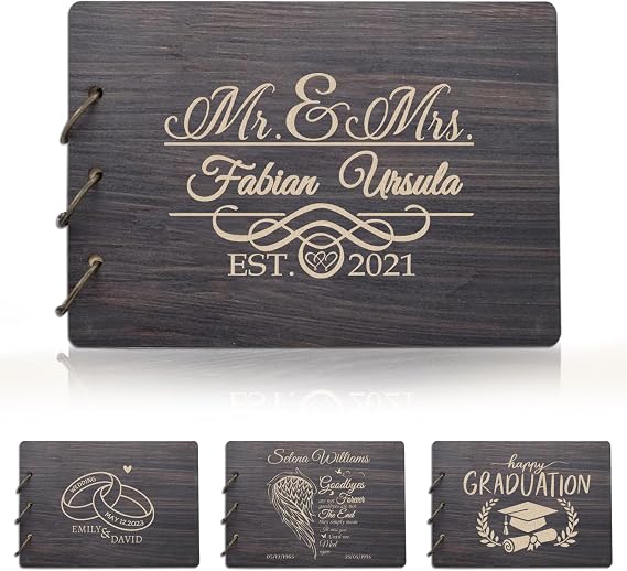 ubmpj Personalized Guest Book Custom Wedding Guest Book Wooden Covered Guestbook for DIY Scrapbook Photo Album, Keepsake