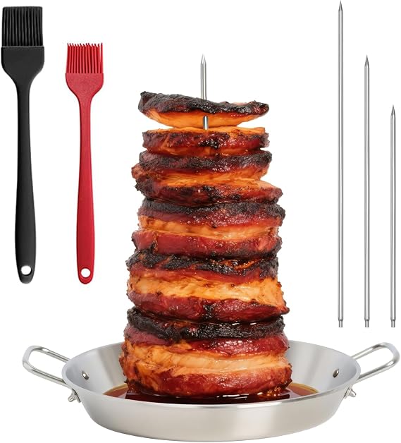 Vertical Grill Skewer Stainless Steel with Gyro Pan - Doner Kebab Maker for Oven Smoker BBQ - 2 Brushes & 3 Removable Spikes Included (8/10/12 inch)