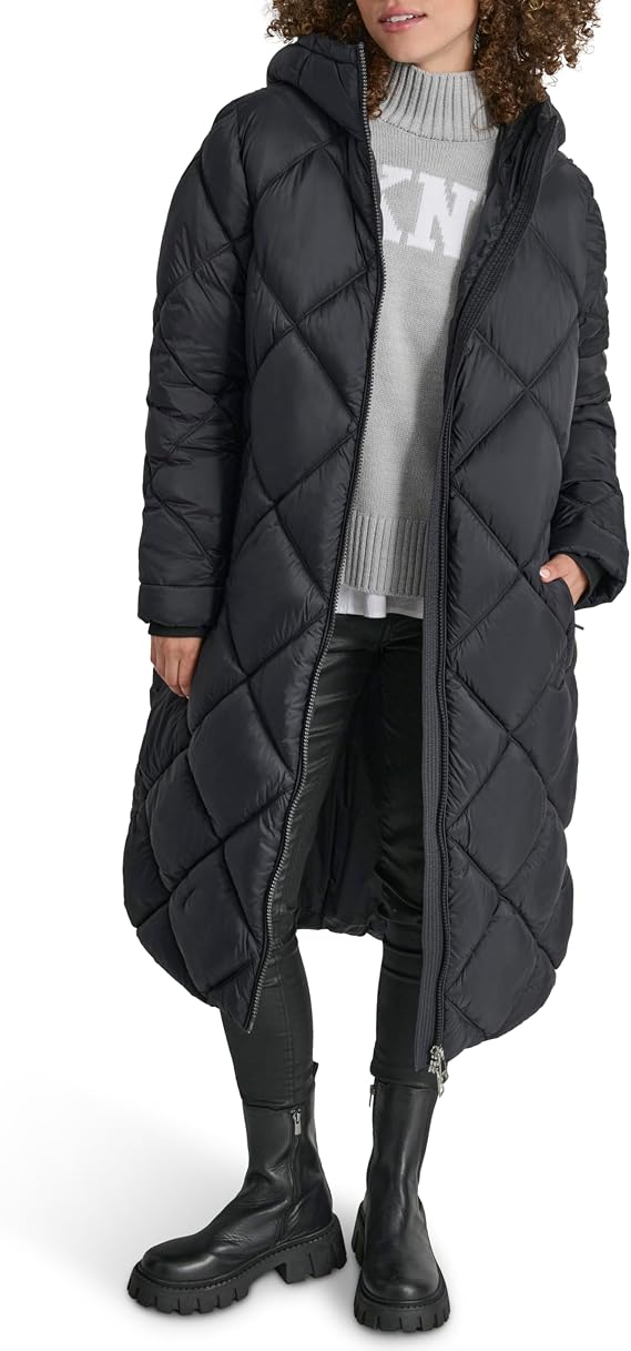 DKNY Women's Diamond Quilted Long Hooded Coat