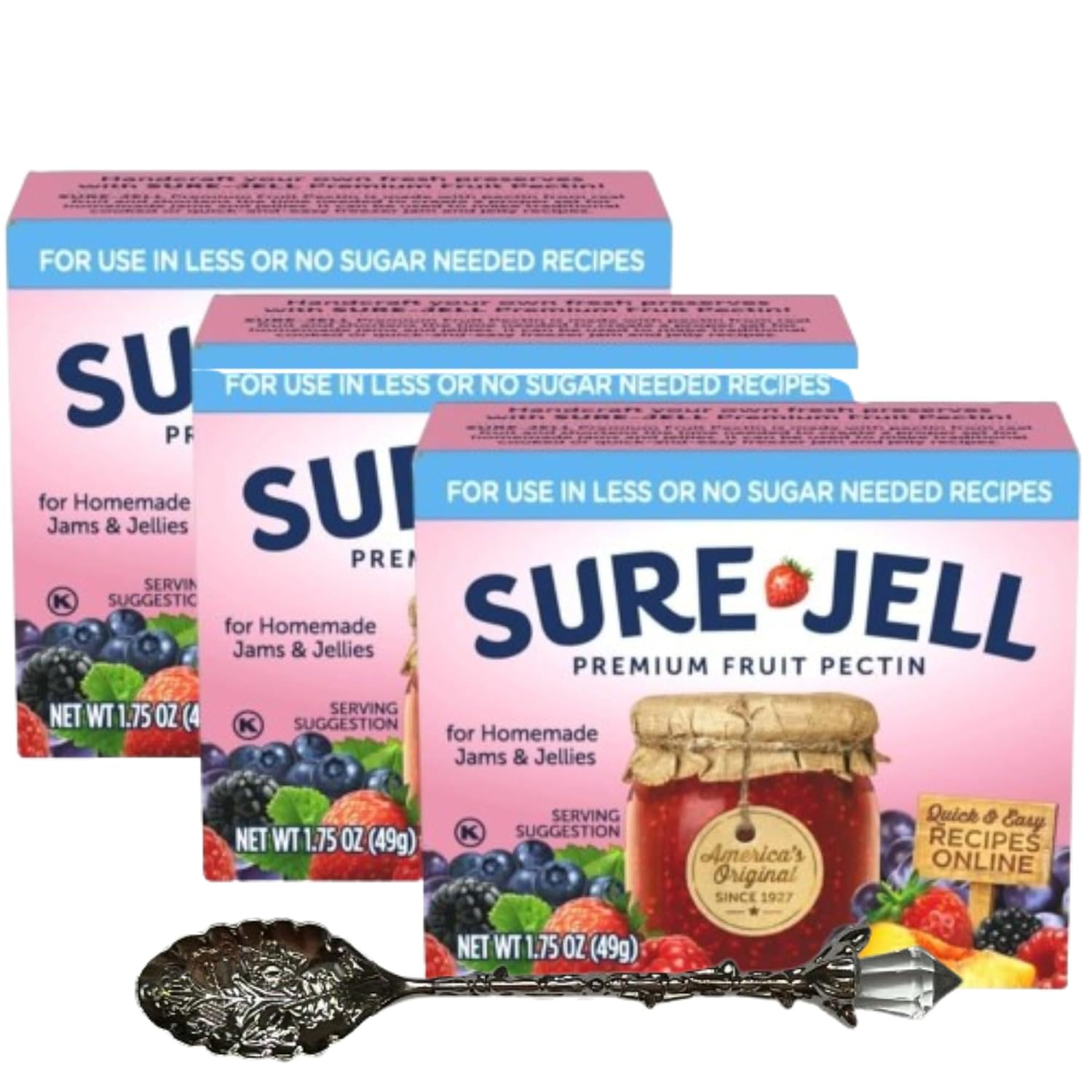 Sure-Jell Low Sugar Pectin for Canning – Pack of 3 1.75 oz Boxes – Fruit Pectin for Low or No Sugar Jam, Jelly & Preserves – Includes Candy Freezer Gem Spoon Low Sugar - Gem Spoon