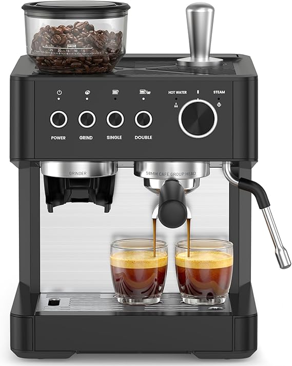 Kismile Espresso Machine with Grinder, 20 Bar Espresso Maker with Milk Frother & 77.8oz Removable Water Tank for Home, Fast Heating Compact Coffee Machine for Cappuccino, Latte - Black