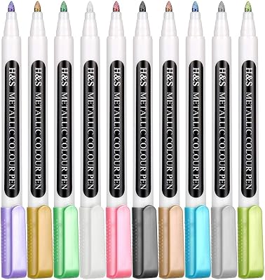 H&S Metallic Marker Pens, Set of 10 Assorted Colors, Metallic Paint Pens for Card Making, Bullet Tip, Sparkle Markers for Black Paper - Scrapbooking Supplies