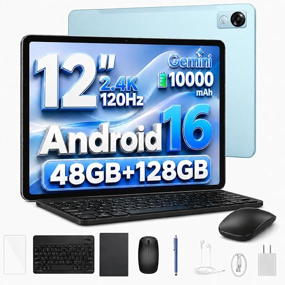 P12 tablets 12 inch android, android tablets, 48GB RAM+128GB ROM/2TB TF, T7280 Octa-core, Gemini AI, IPS 2.4K 120Hz Display, 10000mAh/18W, 5G WiFi, 8MP+13MP, GPS, Face ID, OTG,Tablet with keyboard