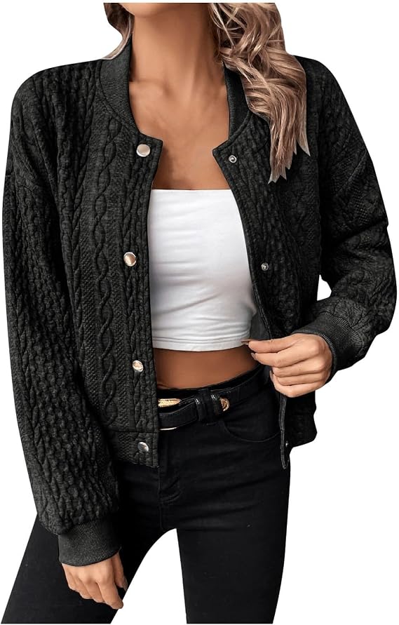 Gumipy Cardigan Sweaters for Women Jacquard Knit Botton Down Cropped Jacket Y2K Long Sleeve Oversized Sweatshirt with Pockets