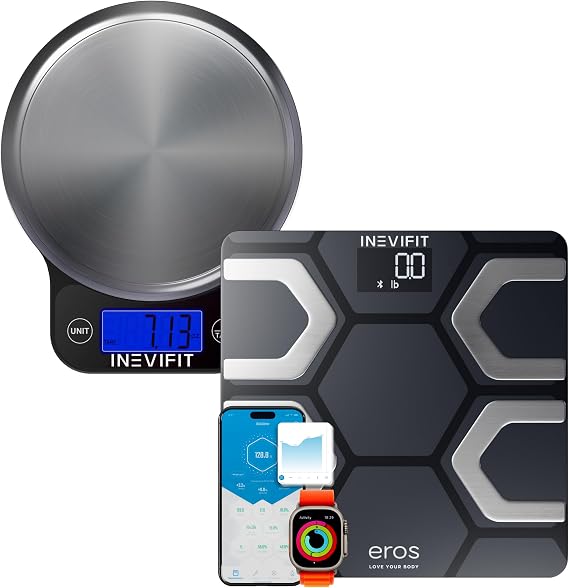 INEVIFIT EROS Bluetooth Smart Scale & Digital Kitchen Scale Fitness Bundle, Complete Body Composition and Nutrition Tracking Solution with Batteries Included