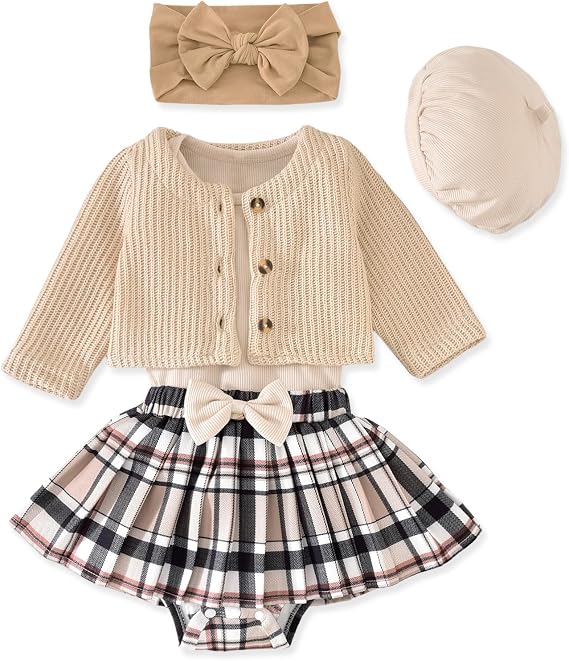 Infant Baby Girl Fall Winter Skirt Outfit with Cardigan 5Pcs 0-18 Months