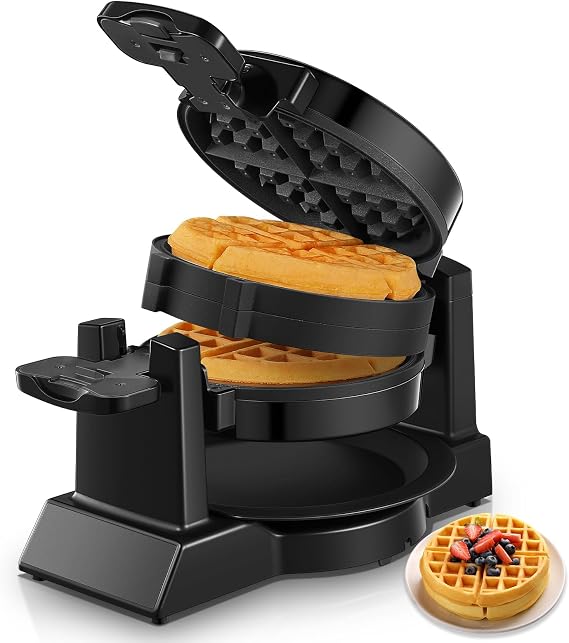 Waffle Maker, 1400W Double Belgian Waffle Iron 180 Flip, 8 Slices in 3 Mins, Rotating & Nonstick Plates, Anti-Scald, Removable Drip Tray Easy to Clean, Cool Touch Handle, Space-Saving Storage(Black)