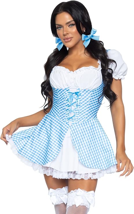 Leg Avenue Womens Gingham Dress Halloween Costume with lace up front and attached apron