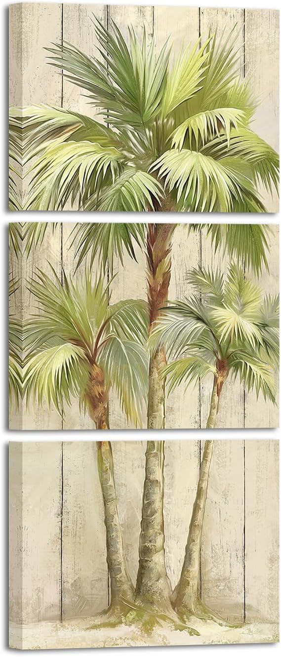 KREATIVE ARTS Tropical Getaway Palm Tree Triptych Canvas Wall Art Set - Palm Tree Painting on Tropical Beach Prints Vintage, 3 Pieces Ready to Hang, Vertical, 12"x16" Each