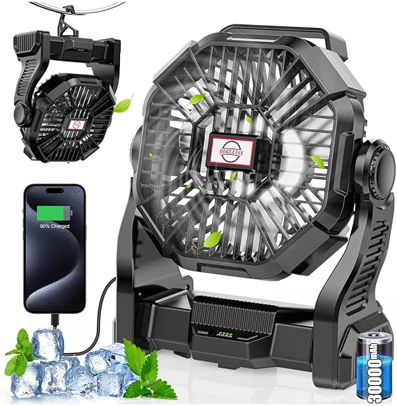 Rechargeable Camping Fan with LED Lantern,Portable Battery Powered Outdoor Fan for Bedroom,Camping,Travel,Hiking,Beach,Office,Trave Accessories(Black)