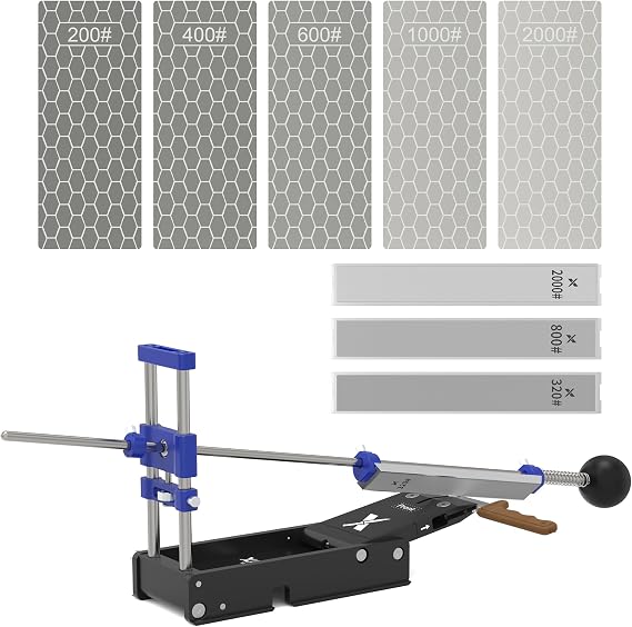 Foldable Portable Knife Sharpener System 3 PCS Aluminum Plates Diamonds (320#, 800#, 2000#) & 5 PCS Diamond Knife Sharpening Stones Set W/Honeycomb Surface Plate (200# 400# 600# 1000# 2000#)
