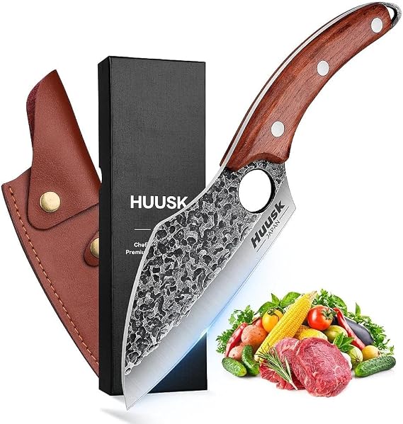Huusk Hand Forged Viking Butcher Knife with Sheath, Japanese Steel | Sharp Meat Cutting Knife with Ergonomic Wood Handle & Finger Hole, Includes Gift Box, Cool Cooking Gifts for Men & Dad