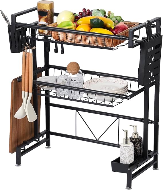 Over The Sink Dish Drying Rack, 2 Tier Over Sink Drainer Rack, Adjustable Expandable Dish Drying Rack, Above Sink Storage Shelf for Kitchen Counter Organisation (Black)