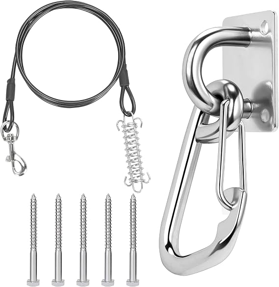 Large Dog Leash Holder for Wall with Tie Out Cable, 304 Stainless Steel Heavy Duty M10 Hook with Anti-Escape Design, Indoor & Outdoor Pet Leash Anchor for Dogs, 1 Pack