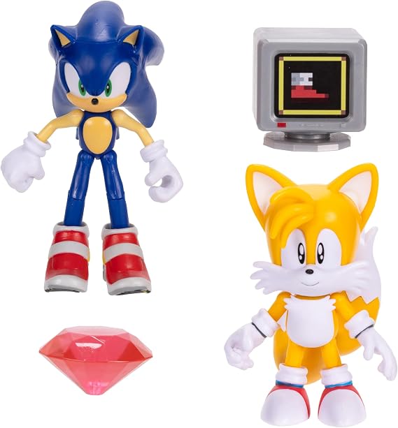 JAKKS Pacific Sonic The Hedgehog 4-Inch Articulated Action Figures from Wave #20 2PK - Includes Sonic with Red Chaos Emerald and Tails with Power Sneakers Item Box Accessories