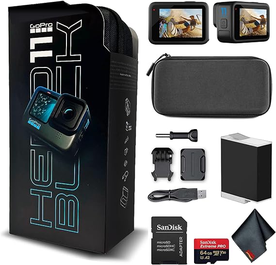 GoPro HERO11 (Hero 11) Black - Waterproof Action Camera with 5.3K Ultra HD Video, 27MP Photos, 1/1.9" Image Sensor, Live Streaming, Webcam, Stabilization + 64GB Extreme Pro Card - Bundle