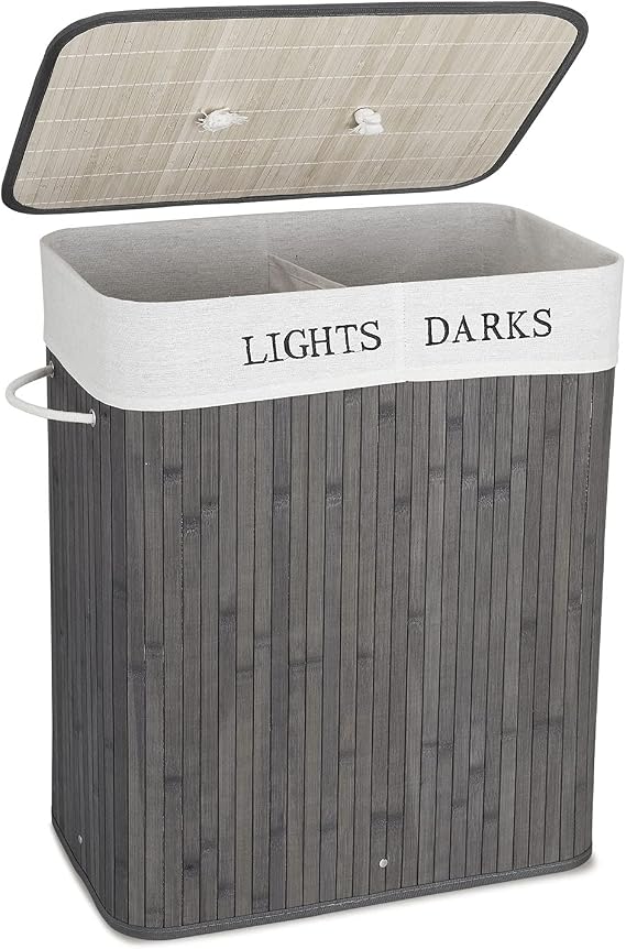 Mondeer Laundry Basket with Lid 100L, 2 Compartments Bamboo Laundry Hamper with Handles Removable Washable Lining, Foldable, for Bedroom Bathroom or Utility Room, 52 x 32 x 65 cm, Grey