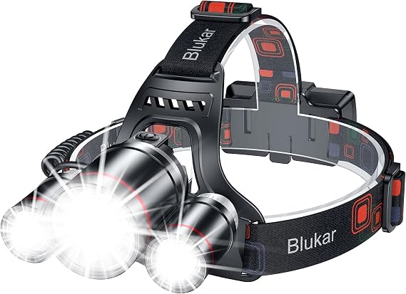 Blukar LED Headlamp Rechargeable,Ultra Bright Headlight with 3 Lights | 5 Modes, Zoomable, Spotlight & Floodlight Combination, 20+Hrs Runtime, IPX6 Waterproof Head Lamp for Running, Hiking, Camping