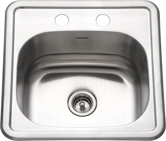 Houzer Hospitality Stainless Steel Bar & Prep Sink: 15 Inch Drop-In Topmount 2-Hole Sink for Bar & Kitchen, Durable & Versatile, Essential for Home & Apartment: 1515-6BS-1
