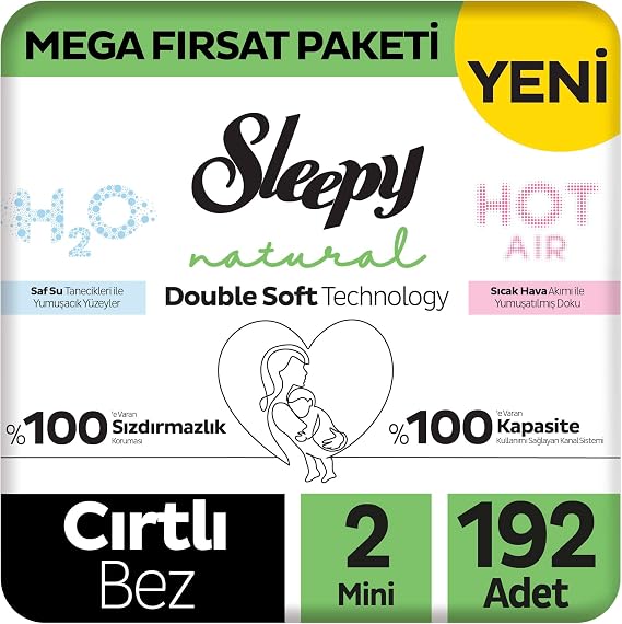 Sleepy Natural Double Soft Mega Fırsat Paketi Bebek Bezi 2 Numara Mini 192 Adet