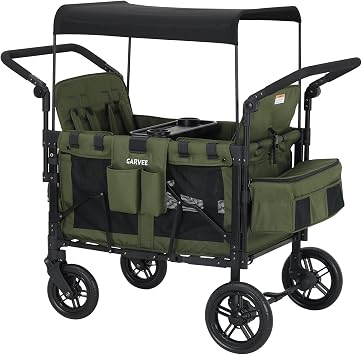 Stroller Wagon for 4 Kids, Premium Quad Stroller Wagon with 4 Convertible Seats, Adjustable Push/Pull Handles, 5-Point Harness Belt, Snack Tray, Removable Canopy & Flat Fold, One-Step Brake, Green