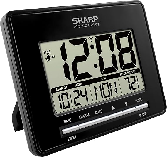 Sharp Atomic Desktop Clock Auto Set Digital Alarm Clock - Atomic Accuracy - Easy to Read Screen with Time/Date/Temperature Display- Perfect for Nightstand or Desk