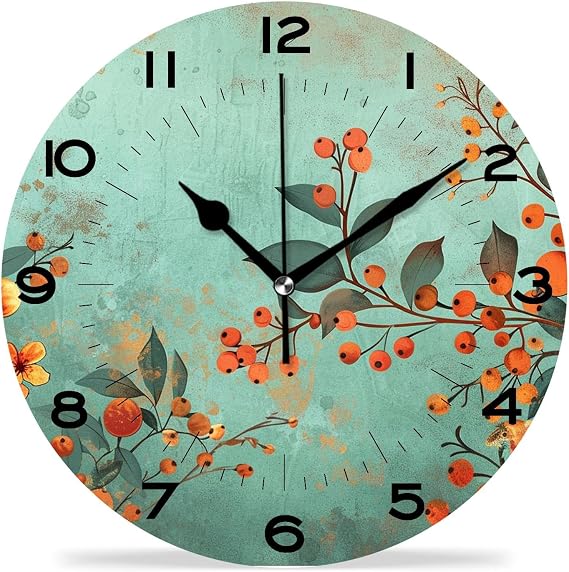 Funny 10 Inch Wall Clocks Battery Powered Decor,Yellow Pink Flowers Plant Adorable