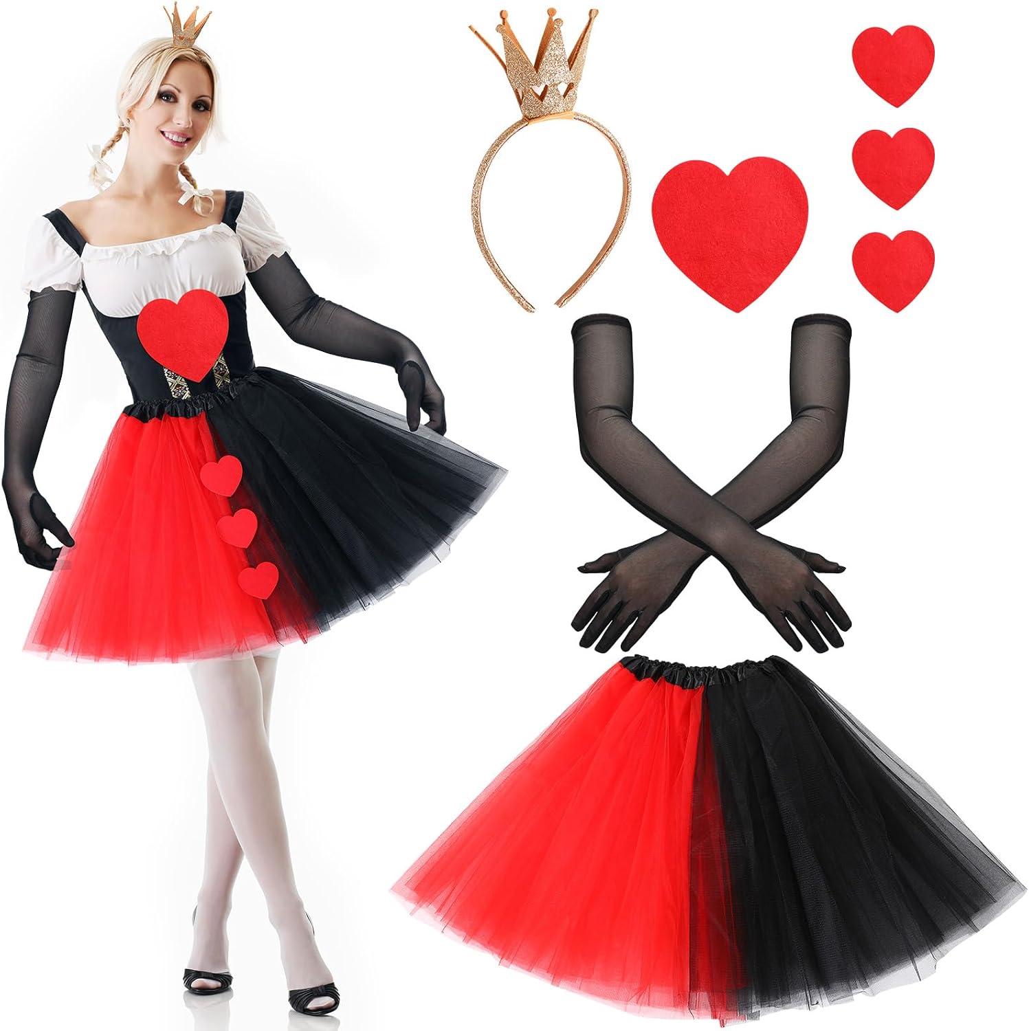 Xtinmee Women's Queen Costume Red and Black Tutu Skirts Shiny Crown Headband Felt Patch and Black Gloves Halloween Queen Costume for Women