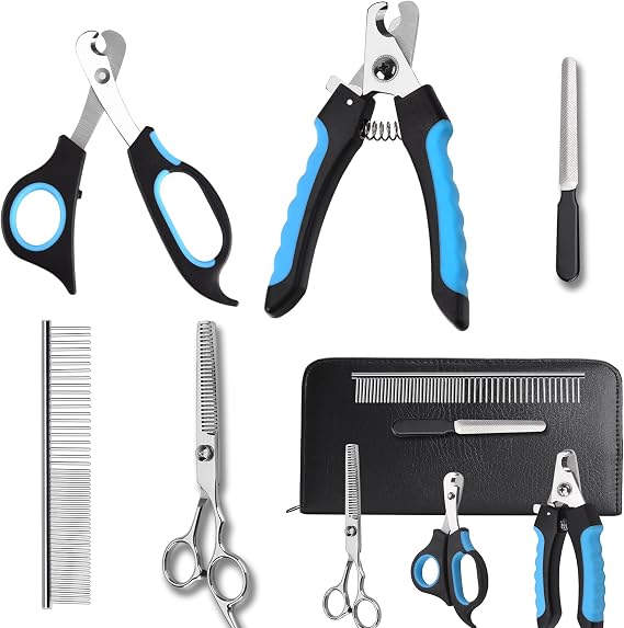 Dog Nail Clippers Trimmer Set, Safety Guard to Avoid Over-Cutting, Grooming Comb Rake Undercoat Brush,Dog Scissors Shear Kit,6 in 1 Grooming Tools Supplies for Small Large Cat Pet