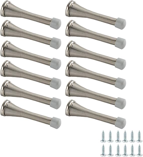 Amazon Basics Spring Door Stopper with Rubber Bumper Tips, Brushed Nickel, 12-Pack