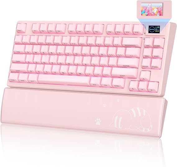 Womier 75% Pink Keyboard Wireless with Color Multimedia Screen | Creamy Mechanical Gaming Keyboard, 3-Modes Hot Swap Cute Key Board w/Wrist Rest, Gasket RGB Custom for Mac/Win (SK80 PRO)
