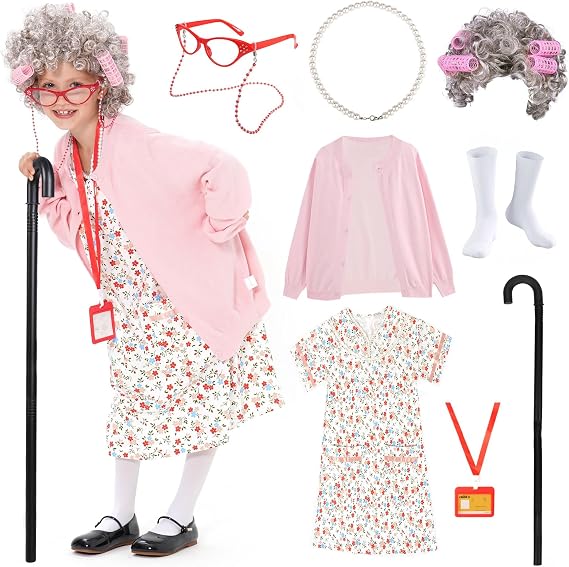 9 pcs Old Lady Costume for Kids,100 Days of School Costume Old Lady Wig for Girls, Granny Grandma Dress Up