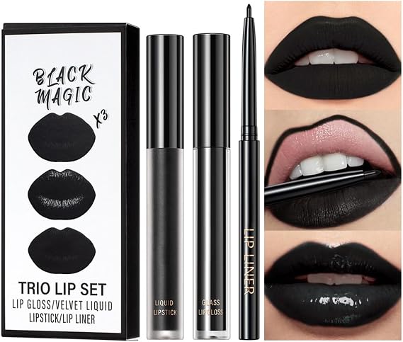 3Pcs Black Liquid Lipstick and Lip Liner Set, Matte Black Lip Gloss Set Long-Lasting Non-Stick Lip Stain Halloween Smokey Goth Makeup