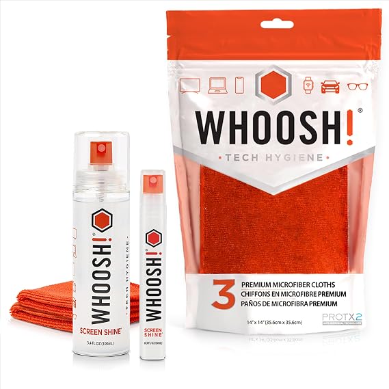 WHOOSH! Screen Cleaner Spray & Microfiber Cloths Bundle | 3.4 & 0.3 fl oz + 2 Microfiber Cloths (6x6) + 3 Microfiber Cloths (14x14)