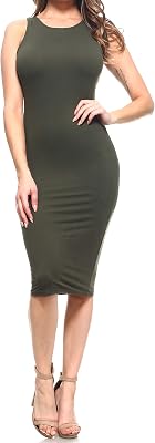 ICONOFLASH Womens Crew Neck Bodycon Midi Dress - Sleeveless Fitted Tank Dress with Plus Size Options