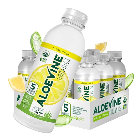 Aloe Vera Juice, No-Pulp Organic Aloe Vera Drink, Healthy Juice with Aloe Powder and Lemon Juice, 5 Calories, Low Sugar, No Artificial Ingredients, 16.9 oz, 12 Pack, Lemonade - Aloevine Organics