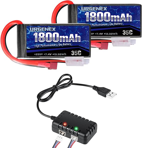 7.4V Lipo Battery 2S 35C 1800mAh Rechargeable RC Battery Pack with Deans T Plug Campatibal with Most 1/10, 1/16 Scale RC Cars Trucks and 7.4V 1to2 USB Lipo Battery Charger