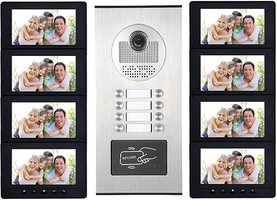 8 Units Apartment Intercom System, Video Intercom Video Door Phone Kit, HD Camera 7" Monitor with ID keyfobs Unlock for 8 Household or Office