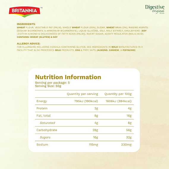 BRITANNIA Digestive Original Biscuits 14.11oz (400g) - Whole Wheat Flavor Cookies - Breakfast & Tea Time Healthy Snacks (Pack of 1)