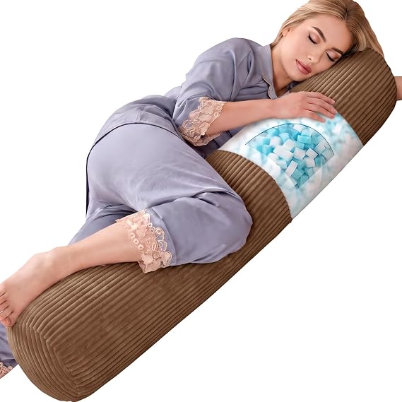 1 MIDDLE ONE Body Pillow, Memory Foam Round Body Pillows for Adults, Firm Long Bolster Pillow for Bed, Cylinder Tube Roll Pillow with Velvet Cover, 47x7.87 Inches (Coffee (Corduroy))