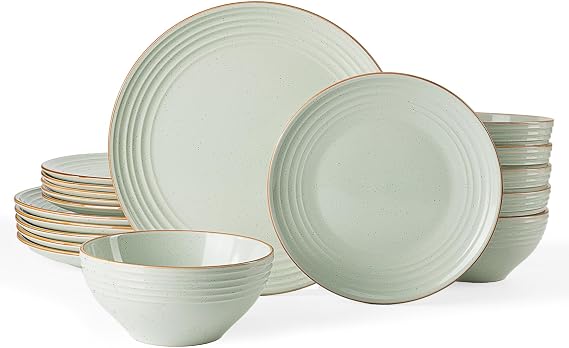 Richmount Jupiter Plates and Bowls Set, Reactive Glaze Dinner Sets for 6 People, 18 Pieces Stoneware with Gold Rim, Scratch Resistant Dinnerware Service for 6, Microwave & Dishwasher Safe, Light Green