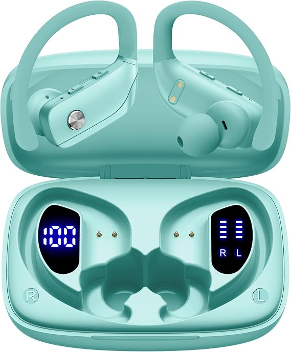 bmani Ear Buds Wireless Earbuds Bluetooth Headphones with 80H Playtime LED Display Case, Over-Ear Hook with Mic, Stereo Sound, Easy Button Controls, Sports Earphones for Running Workout Gym Mint Green