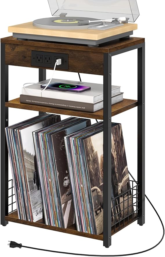 LELELINKY Record Player Stand with Charging Station, 3-Tier Brown End Table
