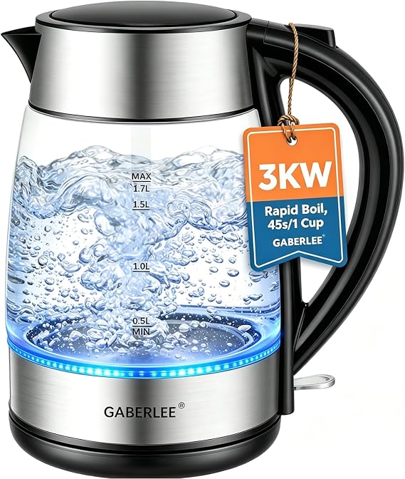 GABERLEE Electric Kettle, 1.7L 3000W Fast Boil Cordless Glass Kettle, Black