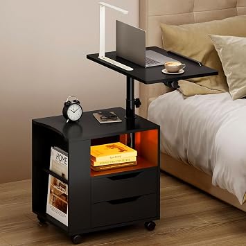 SogesHome Bedside Table Nightstand with 2 USB Ports and LED Light, Sofa Swivel Shelf Side Table with 2 Drawers, Lockable Universal Caster, Adjustable Height for Living Room Bedroom, Black