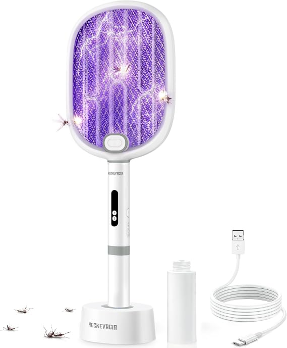 Electric Fly Swatter, 3800V Powerful Bug Zapper with 2 Modes Purple Attractant Light, USB Rechargeable Mosquito Racket for Indoor & Outdoor Pest Killer, White