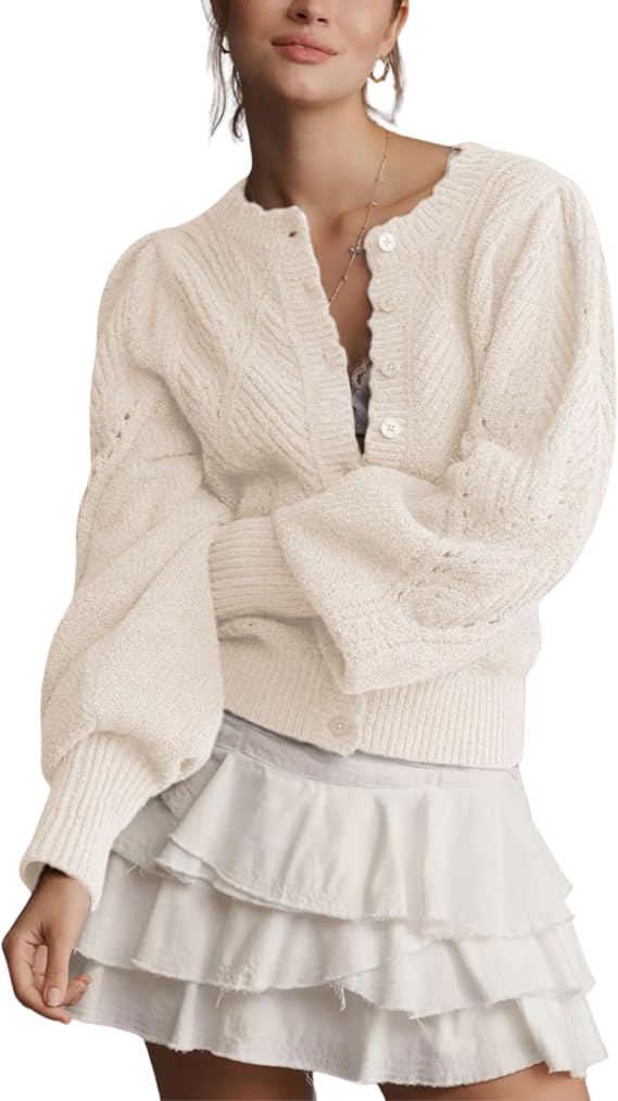MINSURE Women Pointelle Knit Lightweight Cardigan Puff Sleeve Scalloped Trim Button Down Open Front Cropped Sweater Jacket(Beige-S)
