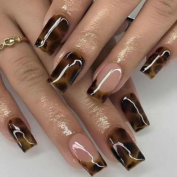 Leopard Print Press on Nails French Tip Fake Nails Medium Square False Nail Glossy Full Cover Glue on Nails Artificial Acrylic Stick on Nail for Women Manicure 24Pcs