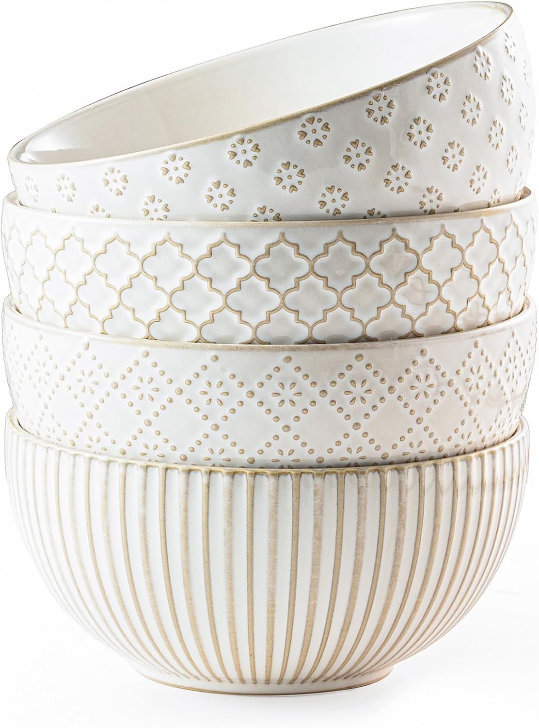 Ceramic Soup Bowls 30 OZ, Cereal Bowls Set of 4 for Kitchen, Stoneware Bowls with Embossment, Farmhouse Vintage Bowls for Cereal, Soup, Rice, Salad, Fruits, Arctic White