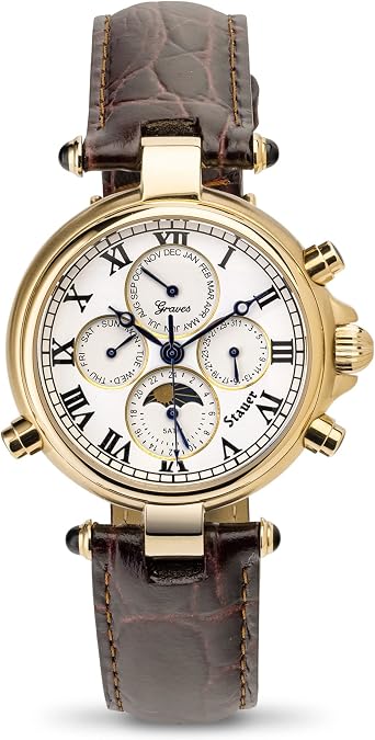 Stauer Gold Finished Graves '33 Wristwatch Automatic Watch for Men with 39mm Gold Finished Casing Moon Phase Watch with Brown Leather Band
